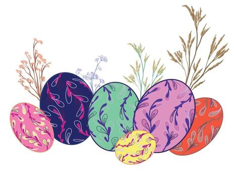 A set of Easter eggs with different textures and colors on a background of plants on a white background vector