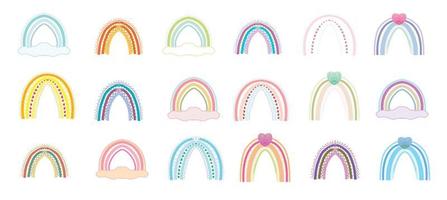 Scandinavian boho rainbows set with clouds and hearts isolated on white background vector