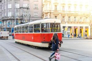 The vintage tram Tatra T3M goes on old town in Prague. on March 5, 2016