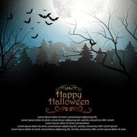 Halloween background with creepy forest with bats on full moon. Vector illustration