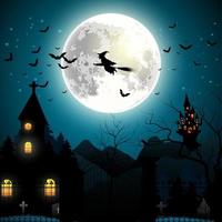 Halloween background with flying witch on the full moon. Vector illustration