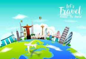 Famous monuments of the world on planet Earth on blue sky background .Vector illustration