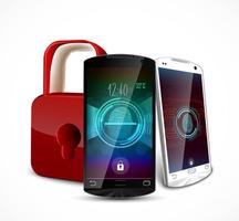 Two smartphone with a fingerprint and a padlock ,concept of privacy and safety .Vector 3D illustration vector