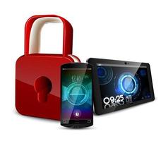 Smartphone, tablet with a fingerprint and a padlock isolated white background. Vector 3D illustration