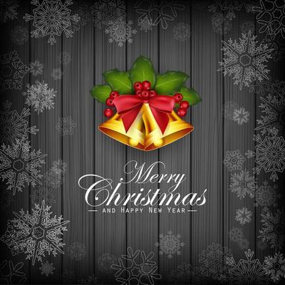 Christmas dark wooden background with snowflakes, holly and gold bells