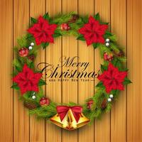 Vector illustration of Christmas wreath with red balls decorations, flower and gold bells on wood texture background