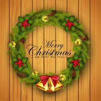 Vector illustration of Christmas wreath with gold balls decorations, flower and gold bells on wood texture background