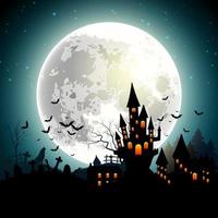 Halloween background with haunted castle, bats on full moon. Vector illustration