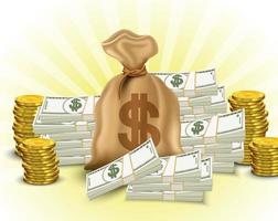 Money set. Paper money, stack of gold coins, sack of dollars.Vector illustration vector