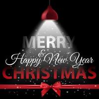 Vector illustration of White spotlight with lettering and red bow on black background. Merry Christmas and Happy New Year