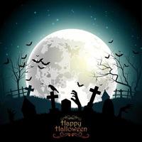 Halloween background with zombie hands on the full moon. Vector illustration