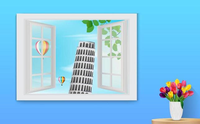 Opened wooden window and view on Leaning tower Pisa .Vector illustration