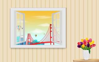 Opened wooden window and view on golden gate bridge vector