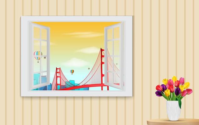 Opened wooden window and view on golden gate bridge