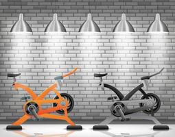 Exercise bike with light spotlight on brick wall texture background vector