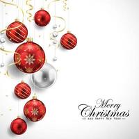 Vector illustration of Merry Christmas and Happy New Year card with red balls and gold streamers