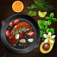 Meat in a frying pan with condiment and spice .Vector illustration vector