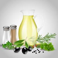 Spices and herbs with a glass oil bottle vector