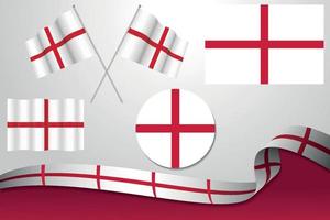 Set Of England Flags In Different Designs, Icon, Flaying Flags With ribbon With Background. vector