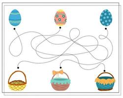 Children's logic game swipe through the dots, go through the maze. Easter eggs and baskets vector