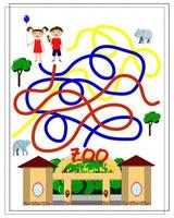 a maze game for kids. Help the children to pass through the maze to the zoo. A girl in a dress with a balloon, a boy in shorts holding an ice cream in his hands vector