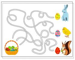 The game is a maze, Easter eggs. Easter bunny, squirrel, chicken, Easter egg basket vector