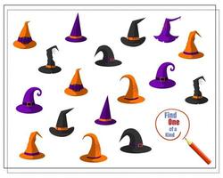 Cartoon illustration of the educational game Find a one of a kind picture. hats for the witch vector