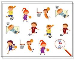 Cartoon illustration of an educational game Find a one of a kind picture with children playing football and basketball vector