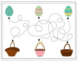 Children's logic game swipe through the dots, go through the maze. Easter eggs and baskets vector