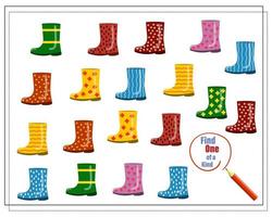 Cartoon illustration of the educational game Find a one of a kind picture. rubber boots vector