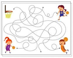 go through the maze connecting the dots to find out who scored the ball in the ring, a basketball game vector