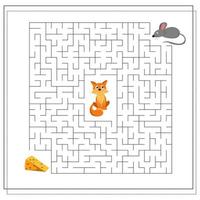 A maze game for kids. guide the mouse through the maze to the cheese, so as not to get to the cat vector