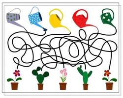 A puzzle game for kids. Go through the maze, which watering can that pours. Gardening tools, potted flowers. vector