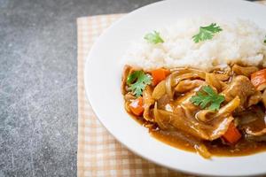 Japanese curry rice with sliced pork, carrot and onions photo