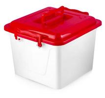 White plastic box with red cover on white photo