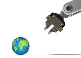 Brazo de robot 3d con mundo sobre fondo blanco. mano mecánica robótica. manipulador de robots industriales. Ilustración de vector de equipo de tecnología industrial moderna.