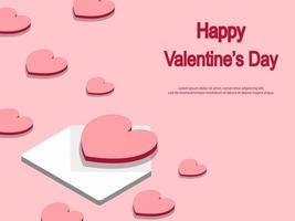 Valentine's day concept background. 3d red and pink hearts with white letter. Sale banner or greeting card. Flat design vector illustration.