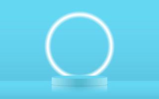 Realistic blue pastel blank product podium scene isolated with round neon light on blue background. Cylinder mock up scene. Geometric round shape for product branding. 3d vector illustration