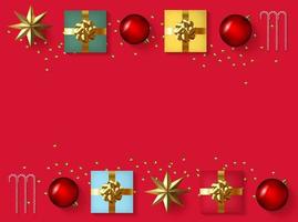 Christmas composition banner. Xmas design background with realistic gift box, glitter gold confetti, red ball decoration and candy. Top view horizontal poster with copy space. Flat lay greeting card. vector