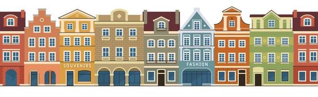Set of european historical buildings. Traditional Amsterdam, Netherlands architecture. Seamless border. Vector illustration.