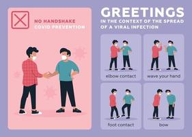 Greetings in the context of the spread of a viral infection. Coronavirus prevention. Vector image.