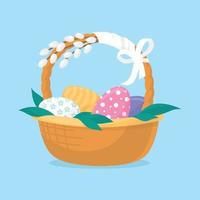 Easter. Basket with Easter eggs. Vector image.