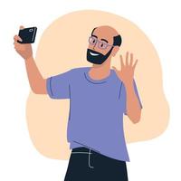 People with phone. A man takes a selfie on his phone. The guy communicates via video link. Vector image.