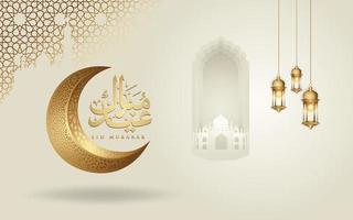 Eid mubarak arabic calligraphy greeting design islamic line mosque dome with crescent moon vector