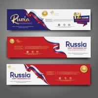 establecer plantilla de diseño de banner horizontal. feliz día de la independencia rusia fondo moderno con bandera de cinta, cinta de premio de oro vector