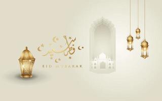 Eid mubarak arabic calligraphy greeting design islamic line mosque dome with crescent moon vector