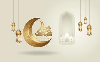 diseño de saludo de caligrafía árabe eid mubarak cúpula de mezquita de línea islámica con luna creciente vector