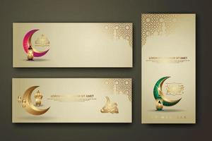 eid al fitr caligrafía islámica, establecer plantilla de banner con luna creciente, linterna tradicional y textura de patrón de mezquita fondo islámico vector