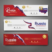 establecer plantilla de diseño de banner horizontal. feliz día de la independencia rusia fondo moderno con bandera de cinta, cinta de premio de oro vector