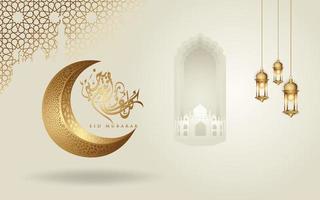diseño de saludo de caligrafía árabe eid mubarak cúpula de mezquita de línea islámica con luna creciente vector